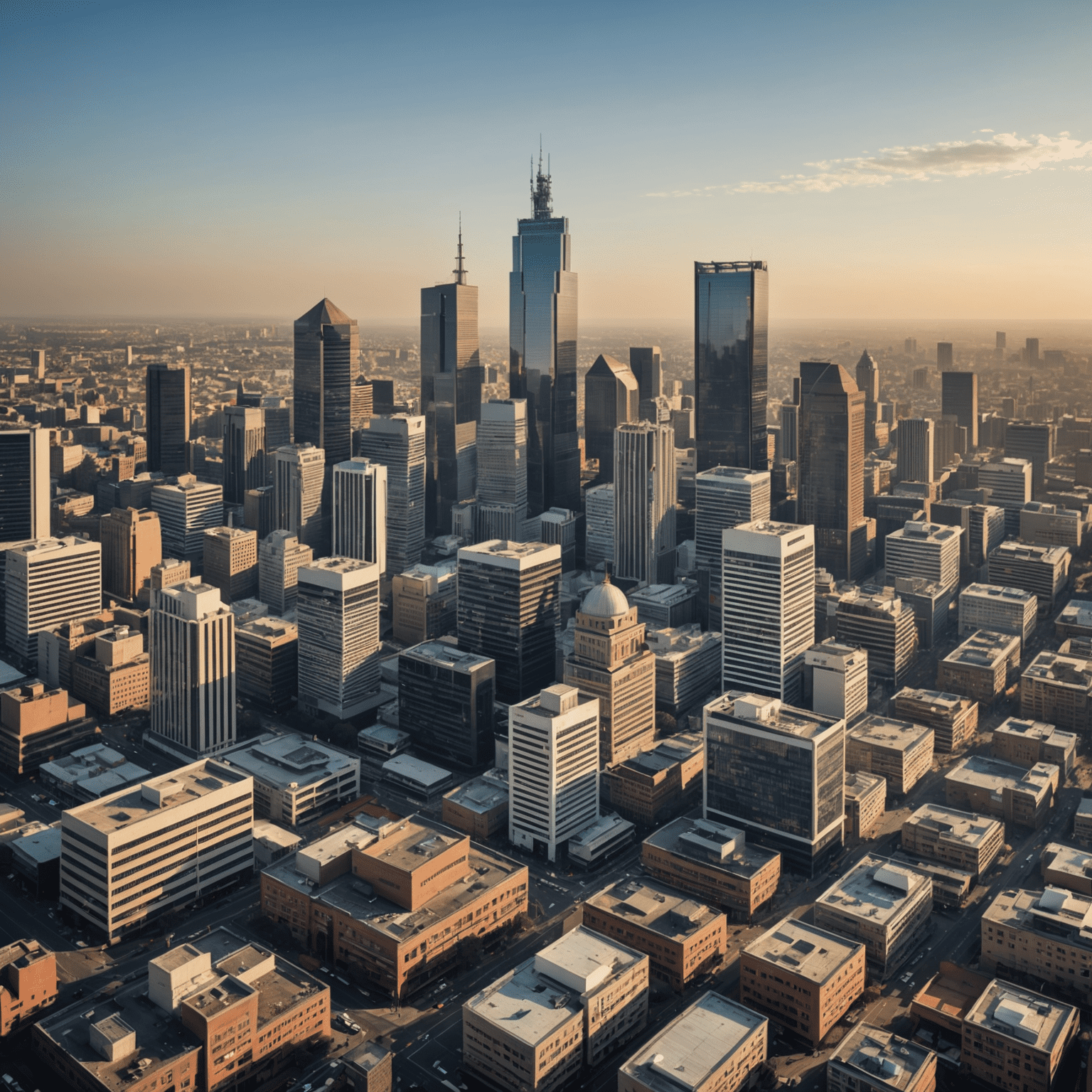 A panoramic view of Johannesburg's skyline, showcasing modern skyscrapers and bustling business districts, symbolizing the growth of the consulting industry in South Africa