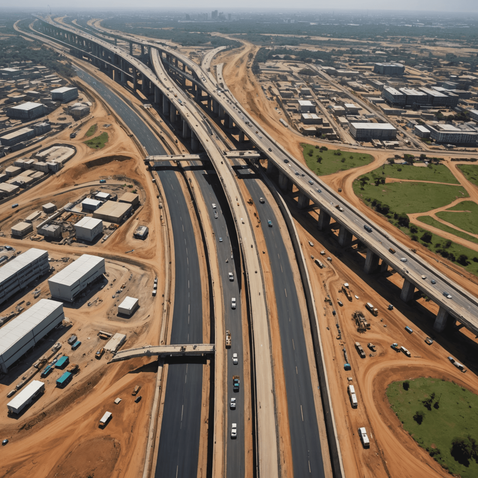 Aerial view of a major infrastructure project in Africa, showing roads, bridges, and construction sites with consultants reviewing plans on-site