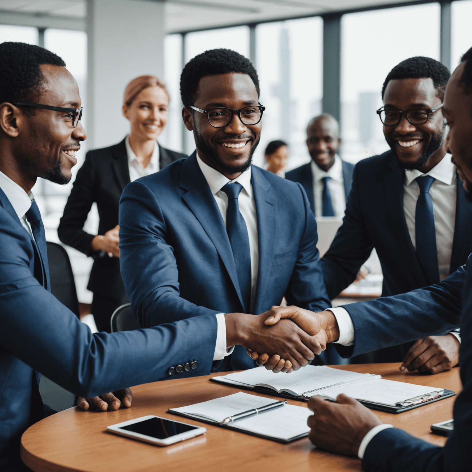 A diverse group of African and international business professionals shaking hands and engaging in a meeting, symbolizing strong client relationships in African markets