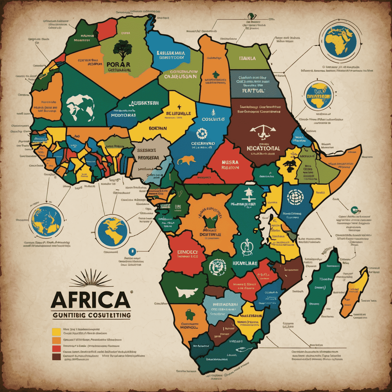 A map of Africa with highlighted business hubs and consulting firms' logos, representing the growing consulting industry across the continent