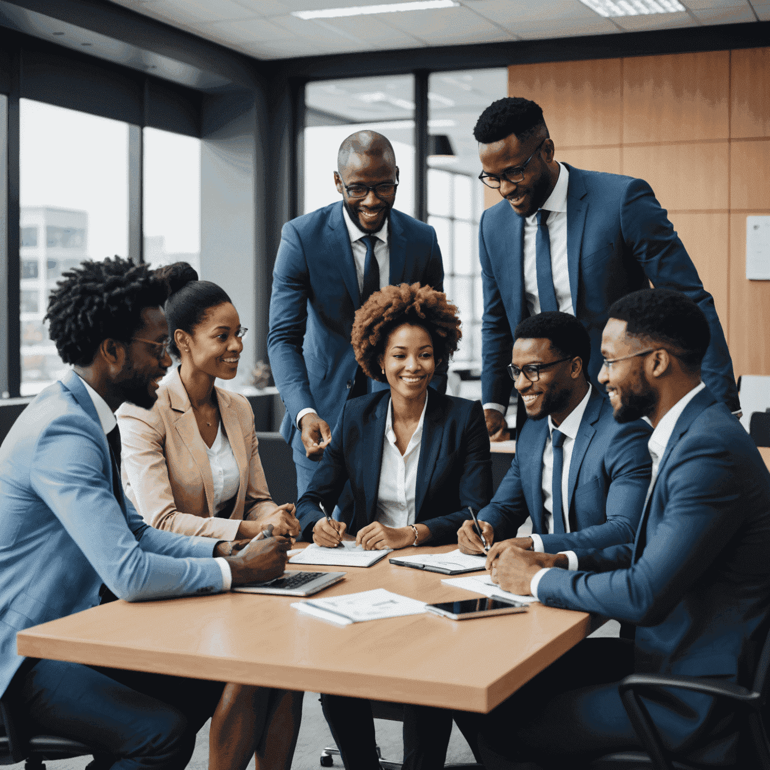 A group of diverse business professionals from different African countries collaborating in a modern office setting, symbolizing successful cross-border consulting