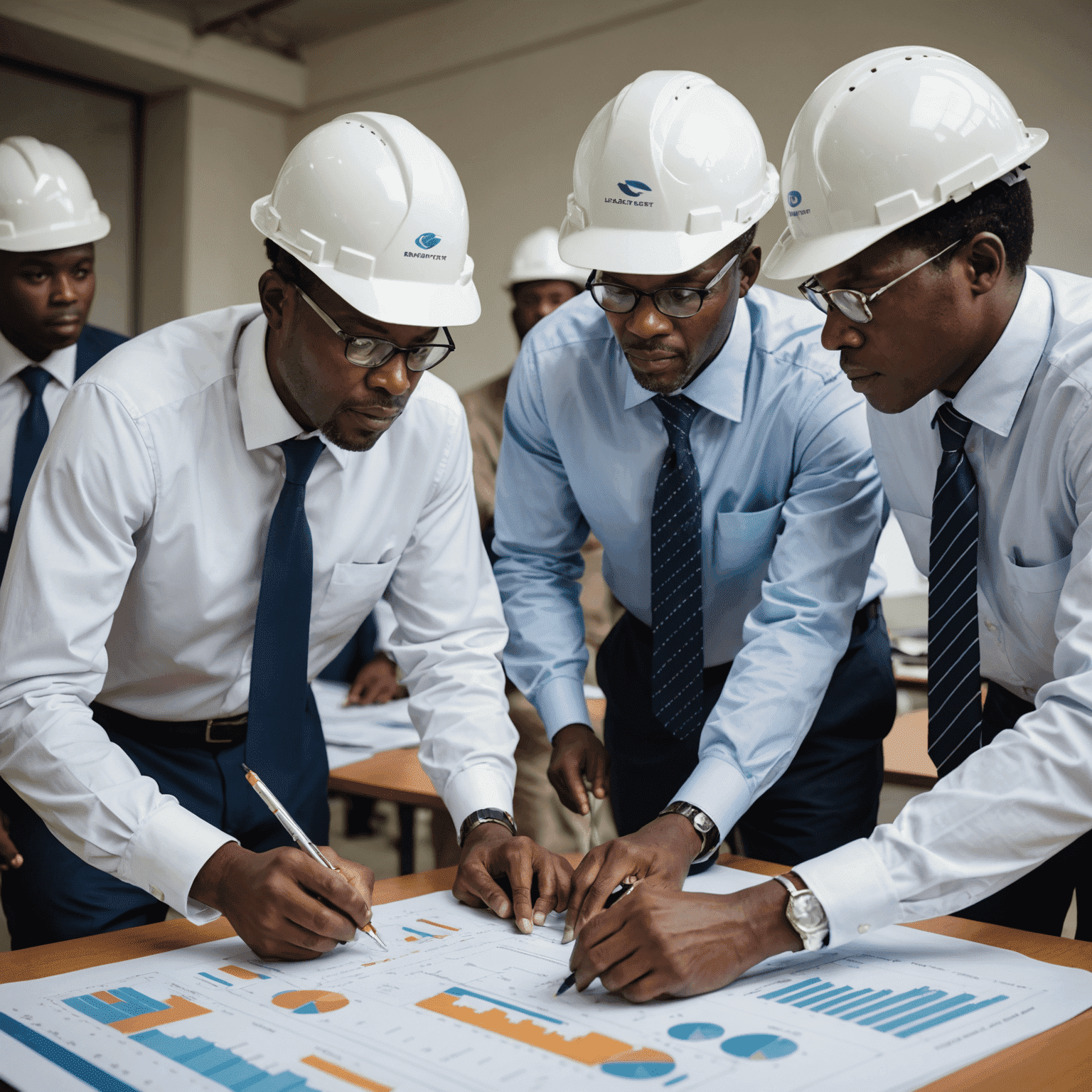 Group of consultants analyzing financial charts and investment plans for an African infrastructure project