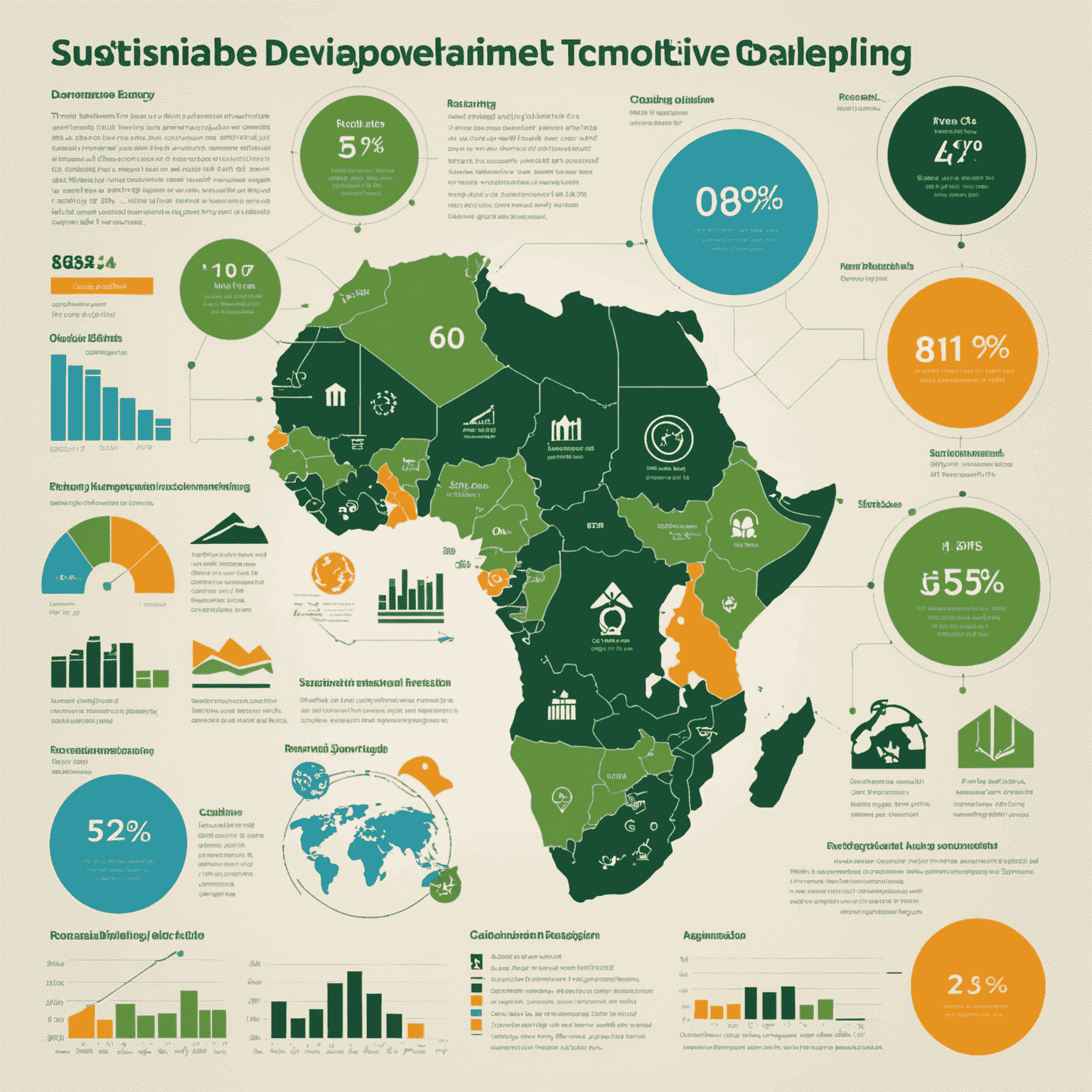 Infographic showing the growth of sustainable development consulting in Africa, with charts and icons representing renewable energy, agriculture, and financial inclusion